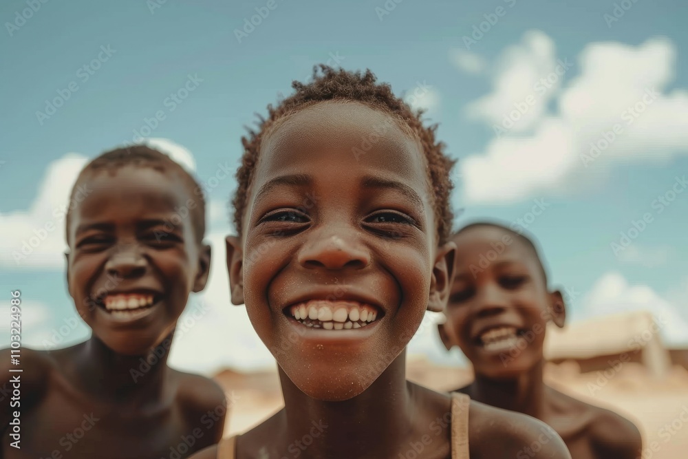 African children smiling and looking at camera against blue sky with white clouds African children smiling and looking at camera against blue sky with white clouds