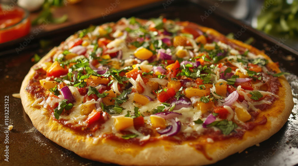 A vegetarian pizza loaded with fresh vegetables, herbs, and a golden thin crust, ideal for a healthy homemade vibe A vegetarian pizza loaded with fresh vegetables, herbs, and a golden thin crust, ideal for a healthy homemade vibe