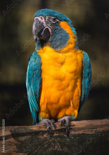 Macaw parrot basking in the sun. Close-up.