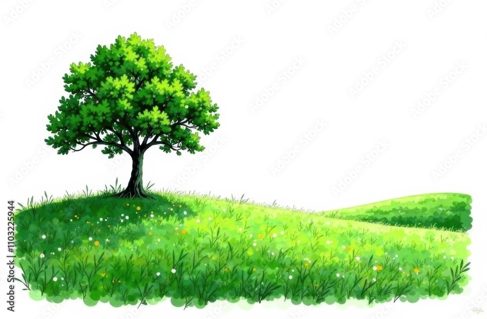 A solitary green tree rises on a bright hillside blanketed with lush grass and colorful wildflowers, embodying tranquility and nature's beauty. Generative AI A solitary green tree rises on a bright hillside blanketed with lush grass and colorful wildflowers, embodying tranquility and nature's beauty. Generative AI
