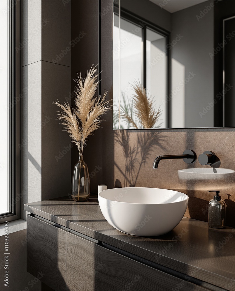 Fototapeta premium Modern Bathroom Interior with Elegant Vessel Sink and Pampas Grass Decor