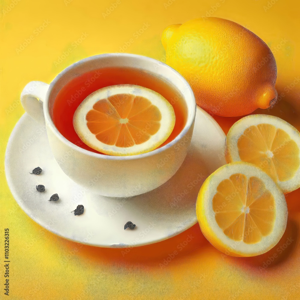 Beautiful white cup with tea and sliced lemon on a yellow background. AI generated. Beautiful white cup with tea and sliced lemon on a yellow background. AI generated.