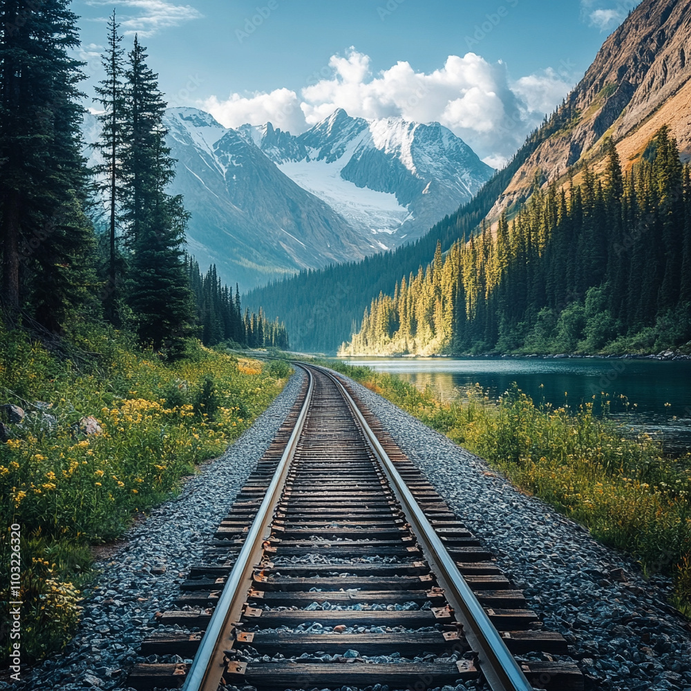 Scenic train tracks through majestic mountains nature landscape peaceful environment ai generated serenity viewpoint Scenic train tracks through majestic mountains nature landscape peaceful environment ai generated serenity viewpoint