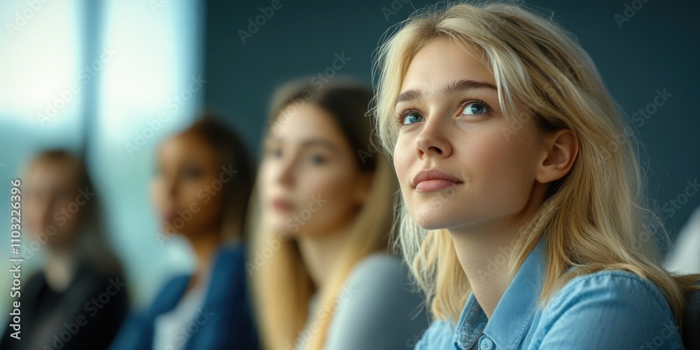 Blonde Woman with Serious Expression, in Classroom Setting Blonde Woman with Serious Expression, in Classroom Setting