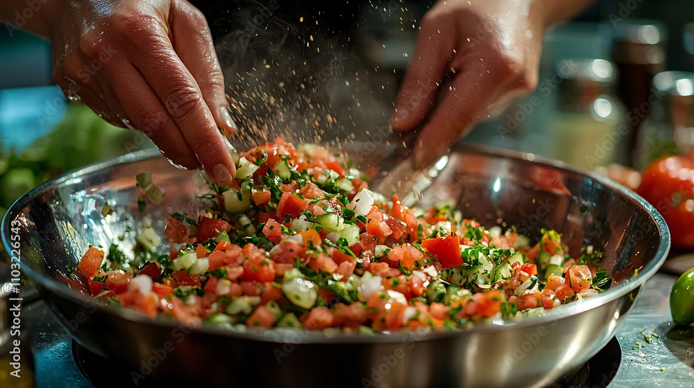 Vibrant Salad Making: Fresh Vegetable Tossing Hands in Close-up Detail with Blurred Kitchen Setting