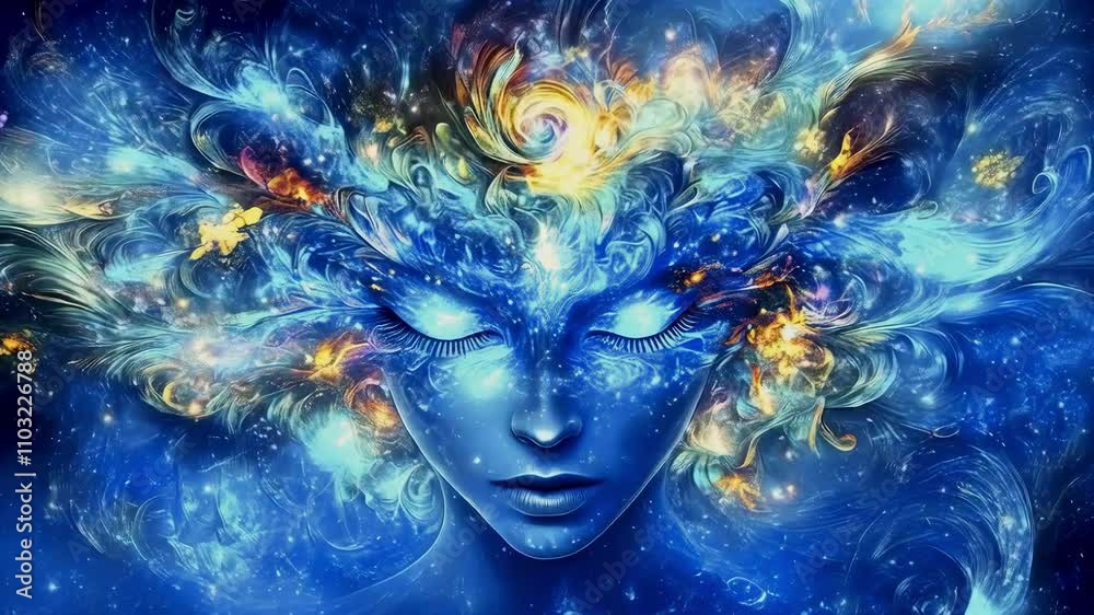 Portrait of a young beautiful woman with vibrant space background filled with stars and colorful nebulae new beautiful stock video footage animation AI Portrait of a young beautiful woman with vibrant space background filled with stars and colorful nebulae new beautiful stock video footage animation AI