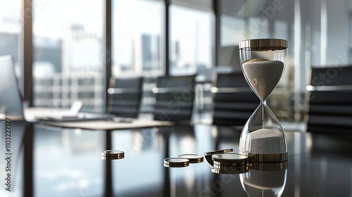 An hourglass on a conference table in a modern office setting.