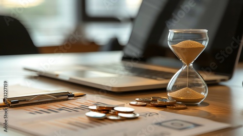 An hourglass, coins, and a pair of glasses on a desk with a laptop in the background.
