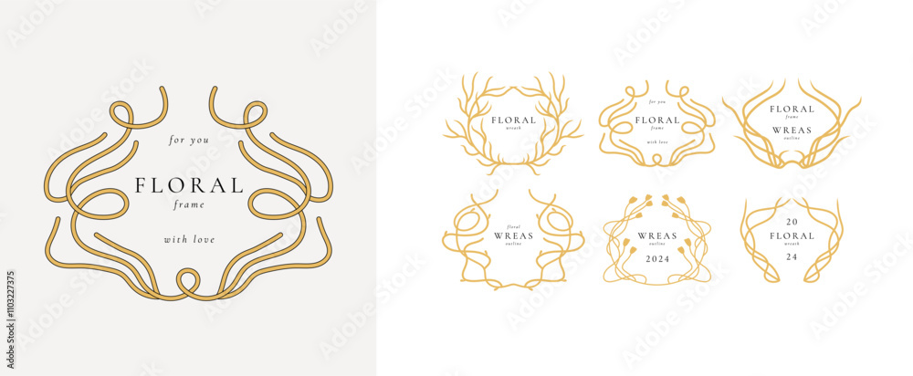 Vector set of line floral wreath. Decorative frame with minimalistic flowers branches. Botanical elements perfect for invitation wedding cards Vector set of line floral wreath. Decorative frame with minimalistic flowers branches. Botanical elements perfect for invitation wedding cards