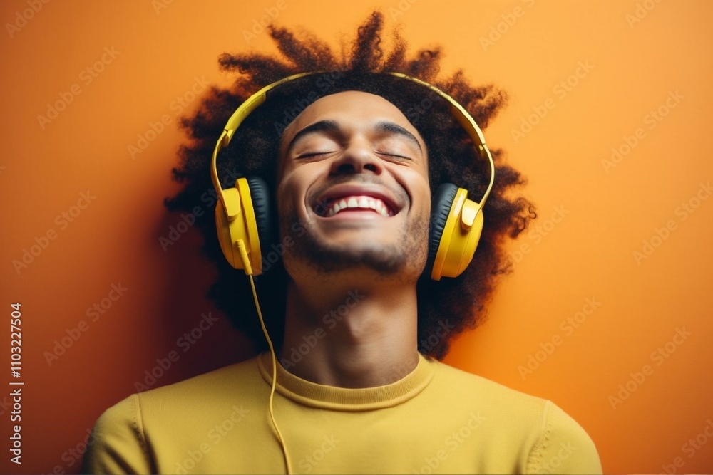 Joyful person wearing bright yellow headphones, smiling and enjoying music. Vibrant orange background emphasizes happiness, relaxation, and the fun of listening to favorite tunes