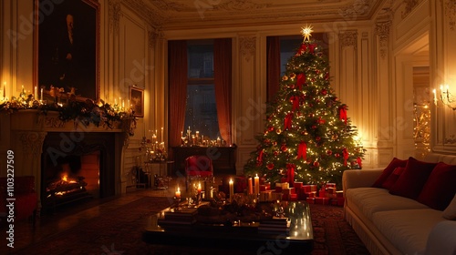 Luxurious Christmas living room scene at night with a decorated Christmas tree, fireplace, and presents.