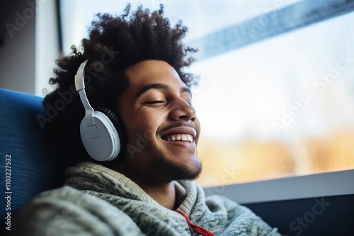 A cheerful young man enjoying music on white over-ear headphones, sitting near a window with sunlight streaming in, creating a relaxed and happy atmosphere