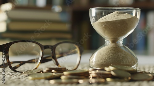 An hourglass, glasses and coins on a table, suggesting the passage of time and value.