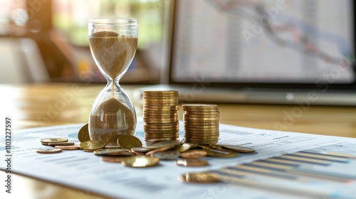 A close-up image of an hourglass, coins and financial documents on a desk, suggesting time is money.