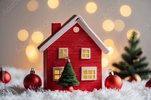 Christmas tree toy in the form of a red house on the Christmas tree with copy space, concept House insurance, house gift

