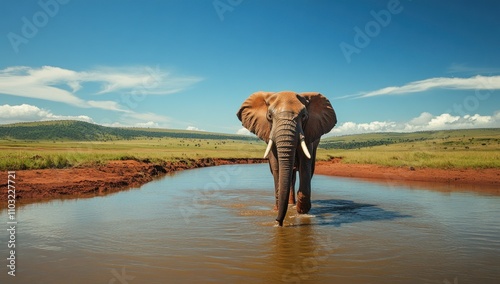 Here's a caption and keywords for your stock photo.. Majestic African elephant walking through shallow water, facing the camera, under a bright blue sky. photo