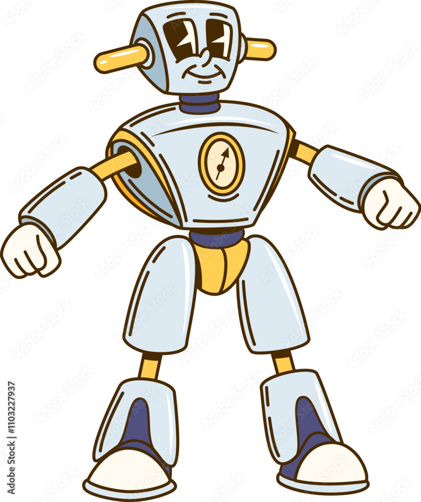 Cartoon groovy robot character standing confidently with fists clenched and playful smile. Isolated vector ai tech droid personage exudes friendly and nostalgic sci fi retro futuristic vibe of 80s Cartoon groovy robot character standing confidently with fists clenched and playful smile. Isolated vector ai tech droid personage exudes friendly and nostalgic sci fi retro futuristic vibe of 80s