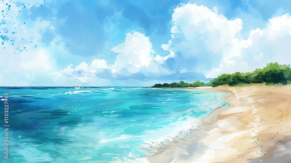 A watercolor painting of a serene beach scene. A watercolor painting of a serene beach scene.