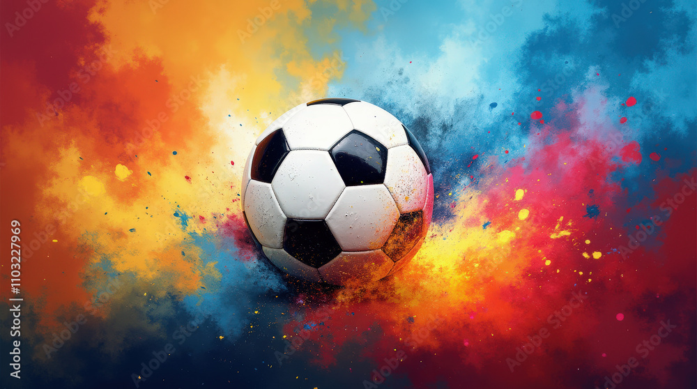 Naklejka premium Dynamic Soccer Ball Image with Vibrant Colorful Background for Sports and Art Concepts