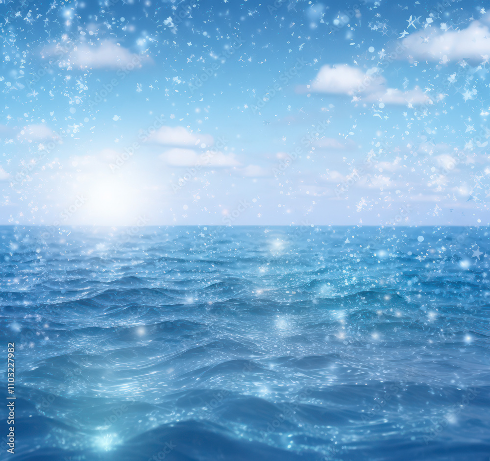 Serene Ocean View with Soft Waves and Gentle Light Reflecting Under a Bright Blue Sky with Dreamy Snowfall Effect for Tranquil and Calming Atmosphere Serene Ocean View with Soft Waves and Gentle Light Reflecting Under a Bright Blue Sky with Dreamy Snowfall Effect for Tranquil and Calming Atmosphere