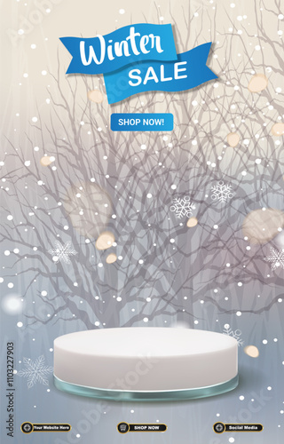 winter sale discount portait template banner with blank space 3d podium for social media post product sale with abstract gradient blue background design14