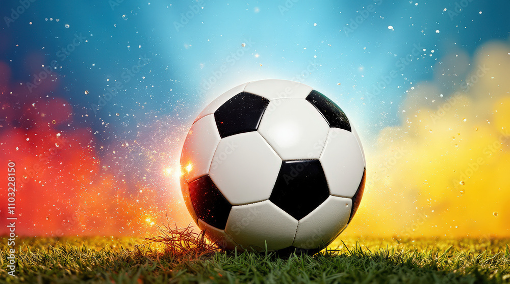 Naklejka premium Dynamic Soccer Ball Image with Vibrant Colorful Background for Sports and Art Concepts