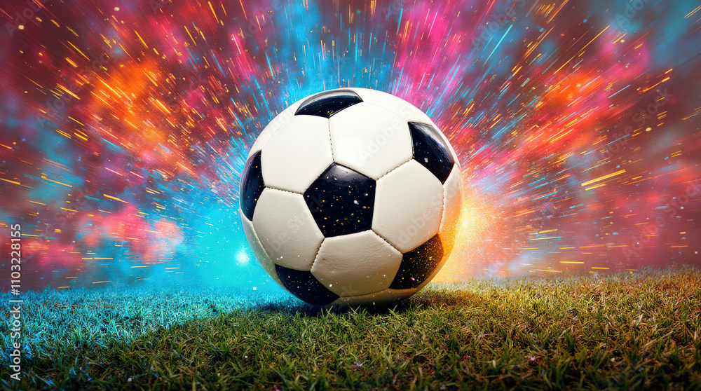 Naklejka premium Dynamic Soccer Ball Image with Vibrant Colorful Background for Sports and Art Concepts