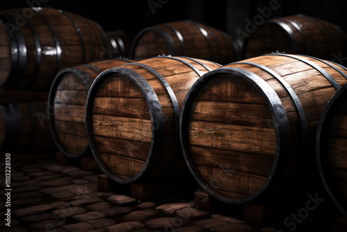 Wooden Barrels on Cobblestone Floor  Perfect for Illustrating Vintage Storage, Craftsmanship, and Agricultural Themes