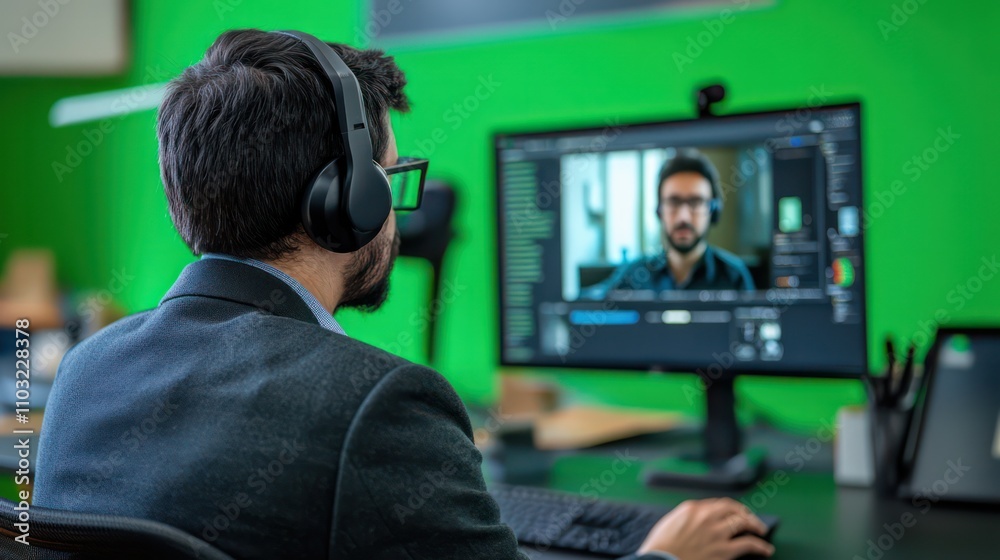 An online exam proctor monitoring students virtually, with a green screen background for professional integrity An online exam proctor monitoring students virtually, with a green screen background for professional integrity