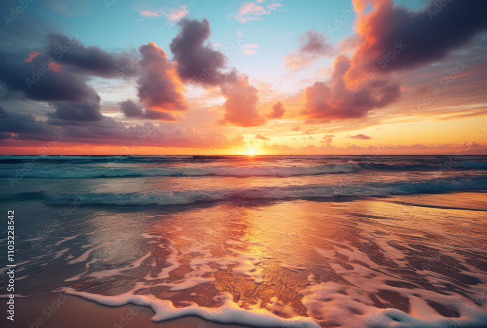 Sunset Over the Ocean with Vibrant Colors and Gentle Waves Lapping Against the Shore Sunset Over the Ocean with Vibrant Colors and Gentle Waves Lapping Against the Shore