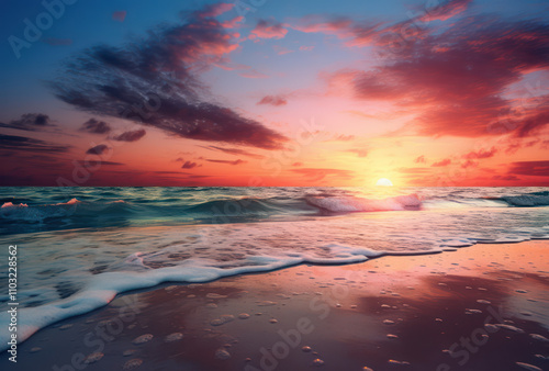 Sunset Over Waves on Tranquil Beach with Vibrant Colors and Gentle Ocean Foam Capturing the Beauty of Nature in a Serene Coastal Landscape