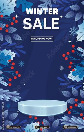 winter sale discount portait template banner with blank space 3d podium for social media post product sale with abstract gradient blue background design25