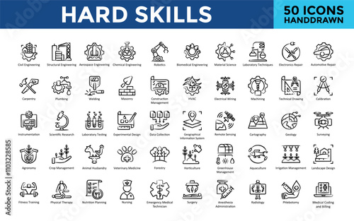Hard Skills icon set with aerospace engineering, chemical engineering, robotics, biomedical engineering, material science, laboratory techniques, electronics repair icon. Simple handdrawn vector 
