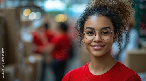 Young woman smiling in warehouse with team in background