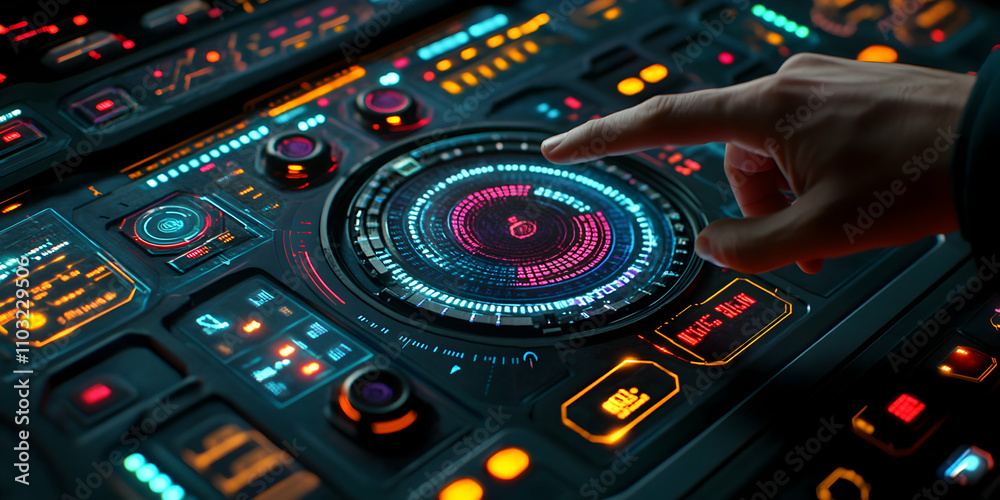 Futuristic Interface: A Hand Interacts with a Neon-Lit Control Panel's Central Dial, Displaying Vibrant Digital Data Futuristic Interface: A Hand Interacts with a Neon-Lit Control Panel's Central Dial, Displaying Vibrant Digital Data