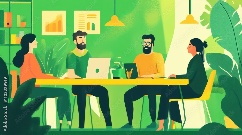 Coworkers collaborating on a project, with a bold green background symbolizing teamwork Coworkers collaborating on a project, with a bold green background symbolizing teamwork