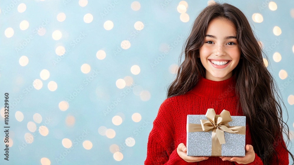 Christmas winter concept. Cheerful girl in a festive sweater holding a gift against a soft bokeh background.