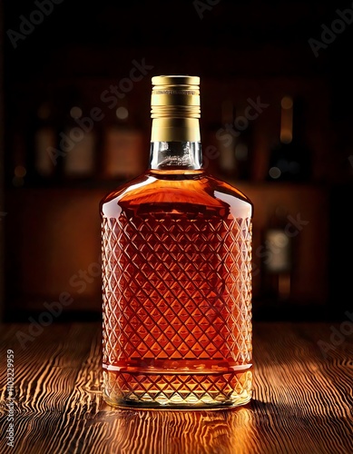 A beautifully crafted bottle of whiskey on a rustic wooden table, capturing elegance.