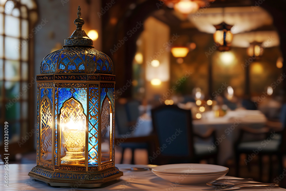 Islamic ramadan kareem celebration lantern with beautiful bokeh lights in the background.