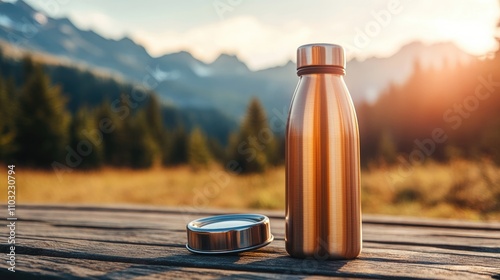 Metallic Water Bottle on Wooden Table with Mountain Background