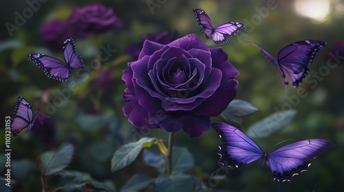 purple rose surrounded by vibrant butterflies.