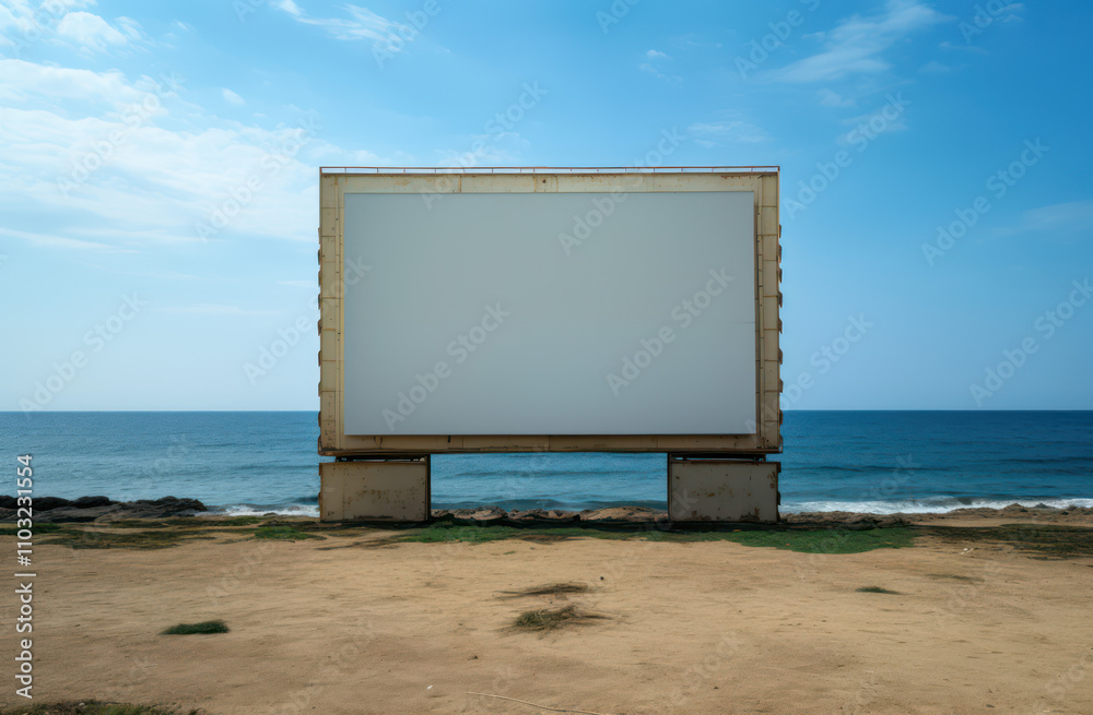 Empty Billboard on a Sandy Beach Overlooking a Calm Ocean and Clear Blue Sky, Ideal for Advertising, Travel Promotions, or Creative Designs Empty Billboard on a Sandy Beach Overlooking a Calm Ocean and Clear Blue Sky, Ideal for Advertising, Travel Promotions, or Creative Designs