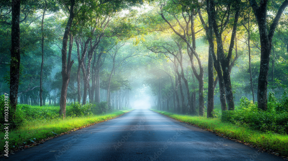Obraz premium A foggy forest road early in the morning