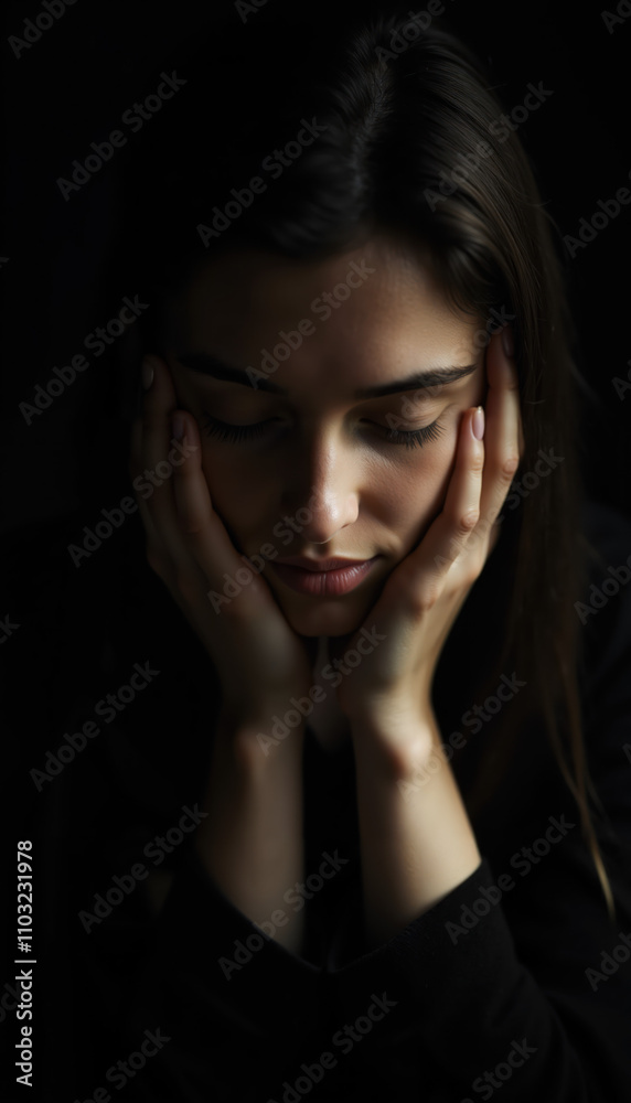 Serene Portrait of a Woman with Closed Eyes Resting Her Face in Hands, Captured in Low-Key Lighting for a Minimalist and Emotional Mood Serene Portrait of a Woman with Closed Eyes Resting Her Face in Hands, Captured in Low-Key Lighting for a Minimalist and Emotional Mood