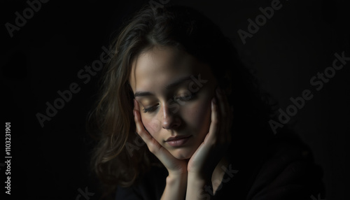 Serene Portrait of a Woman with Closed Eyes Resting Her Face in Hands, Captured in Low-Key Lighting for a Minimalist and Emotional Mood