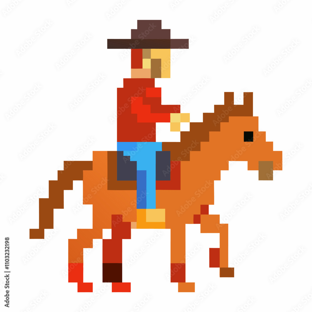 Obraz premium Pixel Art Cowboy Riding Horse in Western Video Game Style