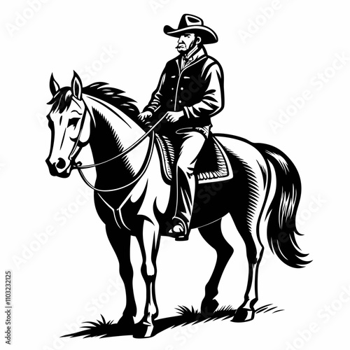 Black and White Illustration of a Cowboy Riding a Horse   Western Art and Wild West Theme