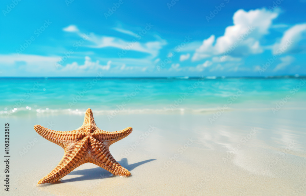 Tranquil Beach Scene Featuring a Starfish on Sandy Shore with Clear Blue Ocean and Dramatic Cloudscape in the Background, Ideal for Summer Vacation Themes Tranquil Beach Scene Featuring a Starfish on Sandy Shore with Clear Blue Ocean and Dramatic Cloudscape in the Background, Ideal for Summer Vacation Themes