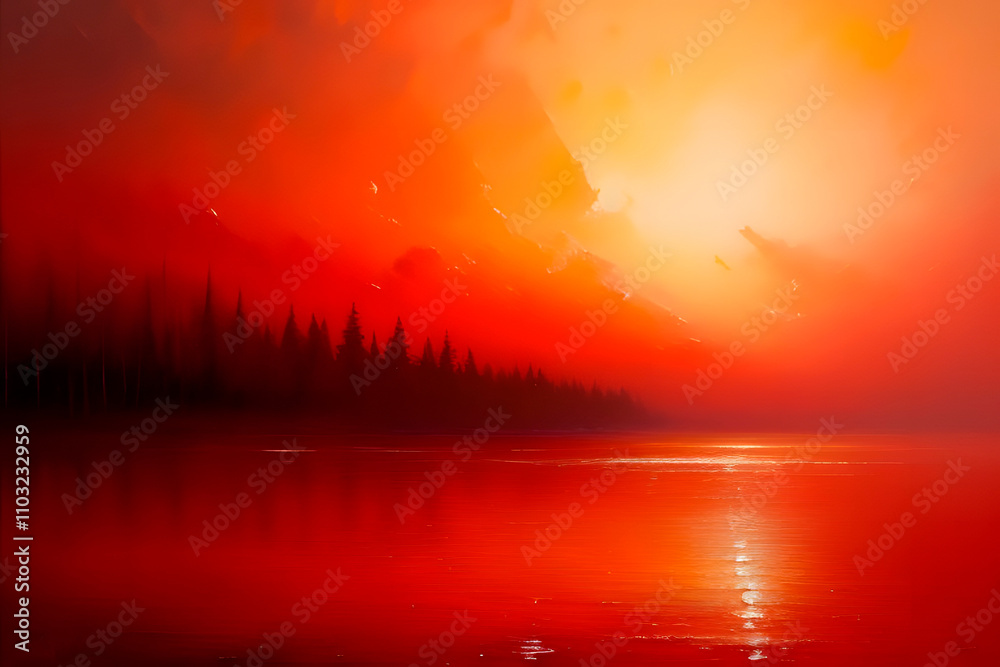 Obraz premium ia generated. landscape with oil effect in red tones. landscape oil painting. oil painting