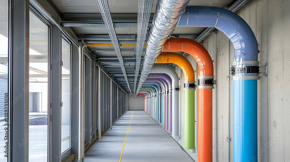 Fototapeta premium Colorful Pipes in Modern Building Corridor, Abstract Industrial Interior Design with Vibrant Hues and Metallic Framework